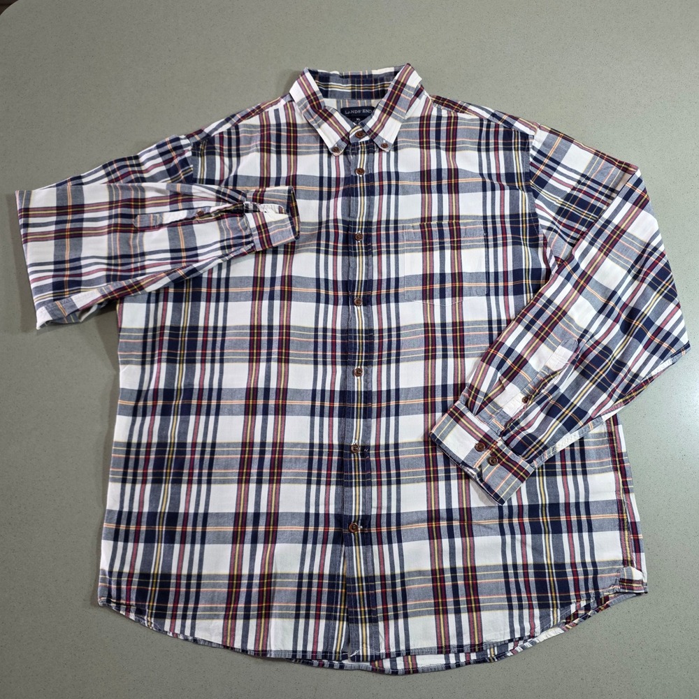 Lands End Mens XL Plaid Button Down Shirt Navy Blue Red Yellow Traditional Fit